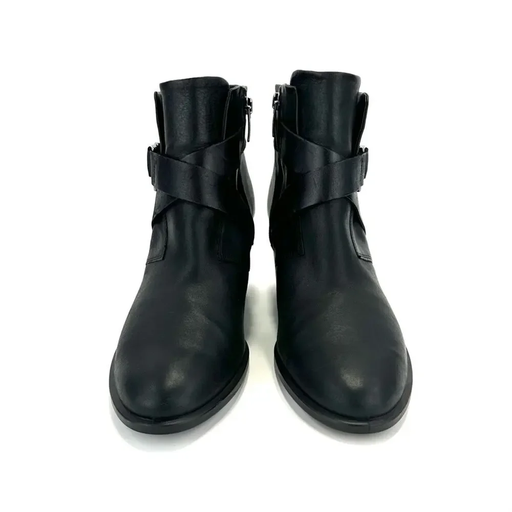 Ecco Black Ankle Boots Sz 10 Leather Padded Footbed Cuban Heel Almond Toe Bootie